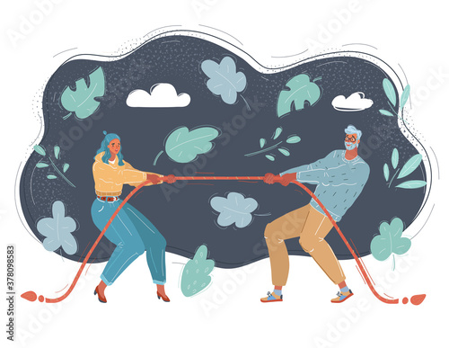 Vector illustration of business competition. Tug of war concept on dark background.