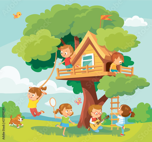 Children kids play hanging out arond tree house, tree fort, treeshed summer camp activities leisure. Child hangout. Children fooling around, having fun in fine good mood outdoors adventures.