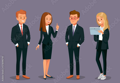 Vector set group of 4 four businessman office workers young business people standing with hands in pockets. Dress code isolated illustration. Businesswoman got idea.