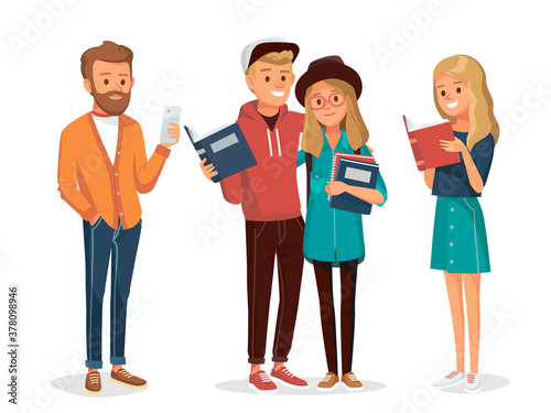 Set of friends, university fellow students classmates standing together holding and reading books. Group of learners young people. Student couple. Vector illustration. Flat design.