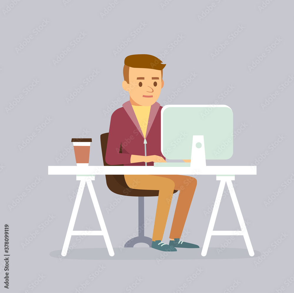 Office worker man working in the office with laptop. Man freelancer working telecommuting with laptop siting at workplace teleworking. Telework mobile remote work working from home, flexible work. Office worker man working in the office with laptop. Man freelancer working telecommuting with laptop siting at workplace teleworking. Telework mobile remote work working from home, flexible work.