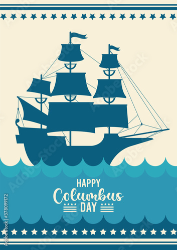happy columbus day celebration with ship and lettering