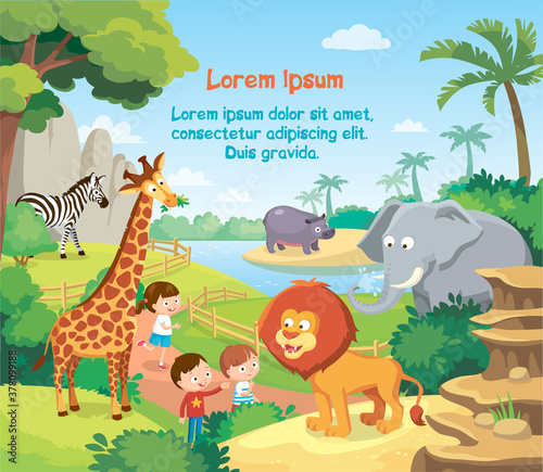 Vector illustration picture of cildren kids in zoo with wildlife animals lion giraffe zebra elefant hippopotamus.