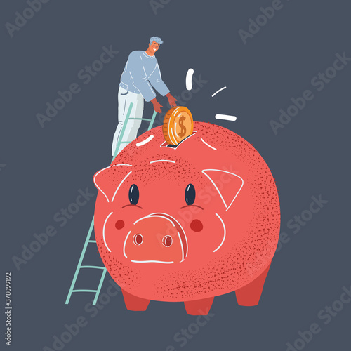 Vector illustration of man put big coin in giant red piggy bank on dark backround.