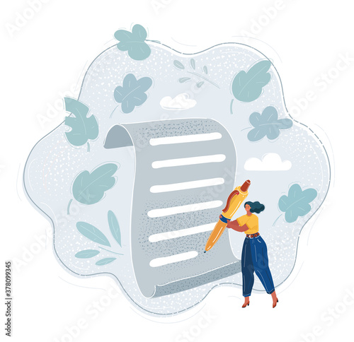 Vector illustration of picture of happy woman with big pen and big paper.