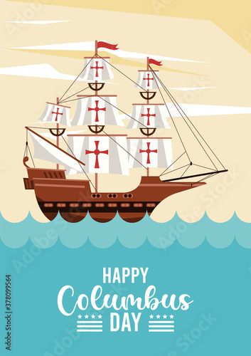 happy columbus day celebration with sailboat and ocean scene