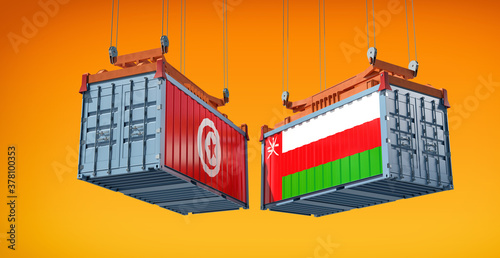 Cargo containers with Oman and Tunisia flag. 3D Rendering 