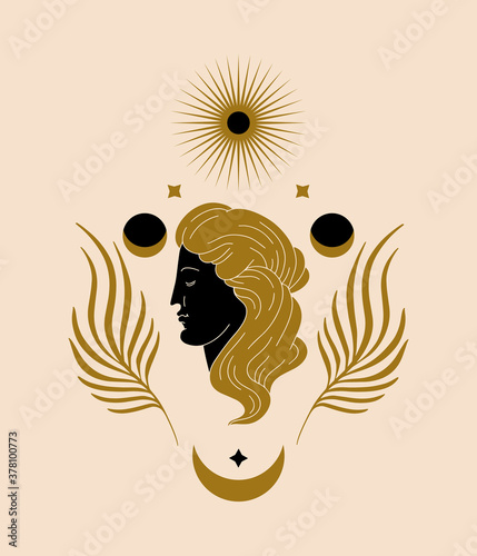Photo Vector hand drawn illustration of antique head with moon, floral elements isolated