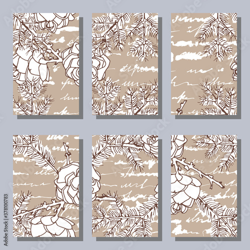 Six greeting cards. European larch cones and branches. Sepia color pattern. Vector illustration.