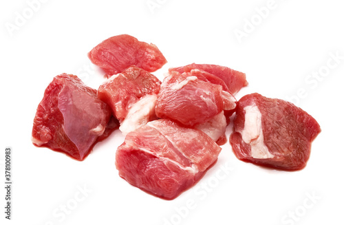 Sliced mutton meat isolated on white. Pieces of raw mutton meat.