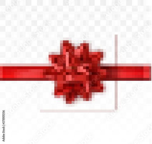 Realistic beautiful red bow. Merry Christmas Holiday background. Greeting card with lush red bow