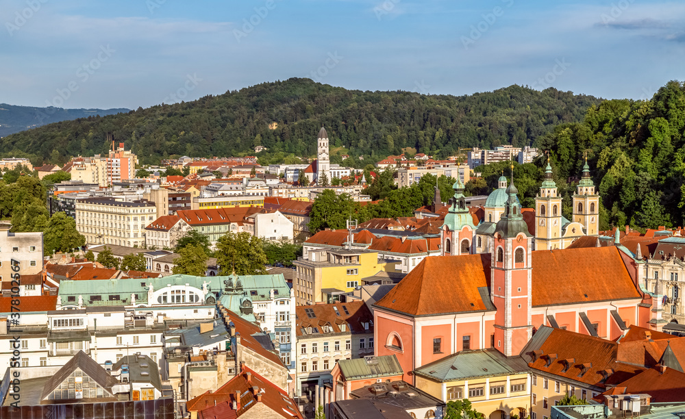 Cityscape of old historical town of Ljubljana, capital of Slovenia. Holidays in Slovenia.