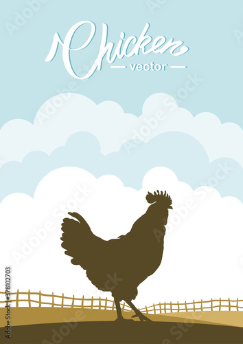Vertical scene with silhouette of Cock on background of farm field.