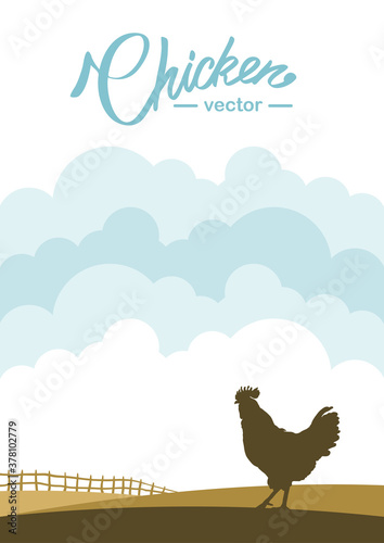 Vertical scene with profile of Cock on background of farm field.