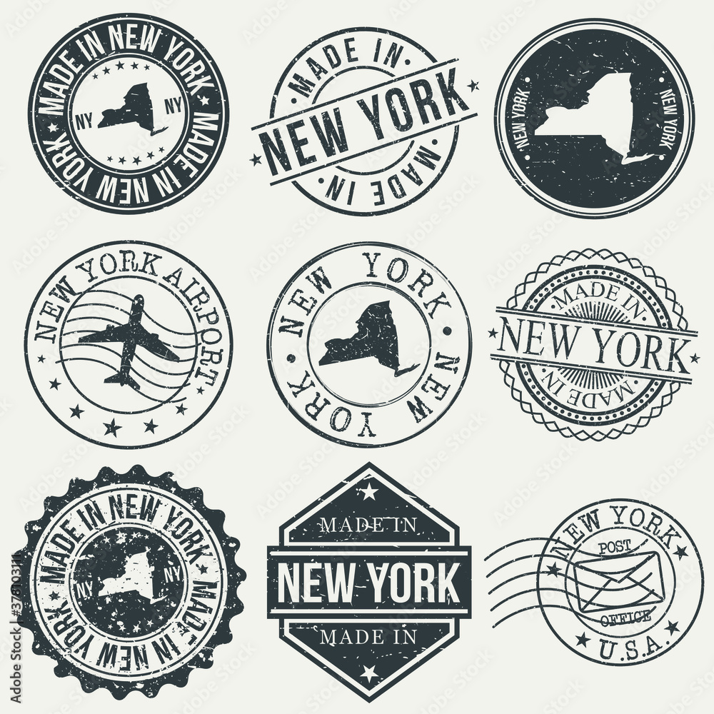 New York Set of Stamps. Travel Stamp. Made In Product. Design Seals Old Style Insignia.