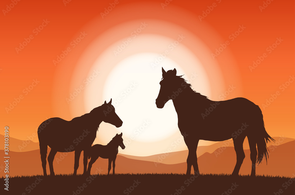 Vector illustration: Landscape with sunset and silhouette of family horses.