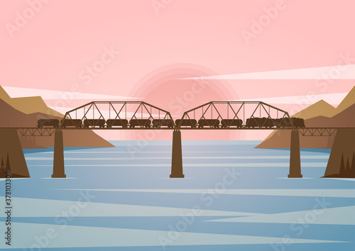 Vector illustration: Landscape with railway bridge on the sunset background