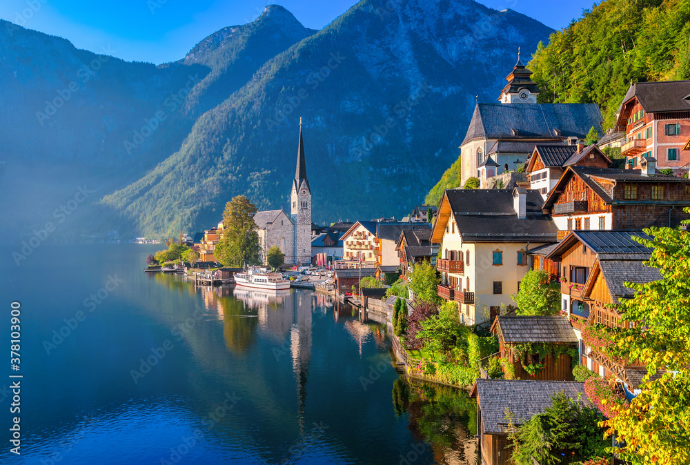 Hallstatt idyllic alpine lake village, Austria - obrazy, fototapety, plakaty 