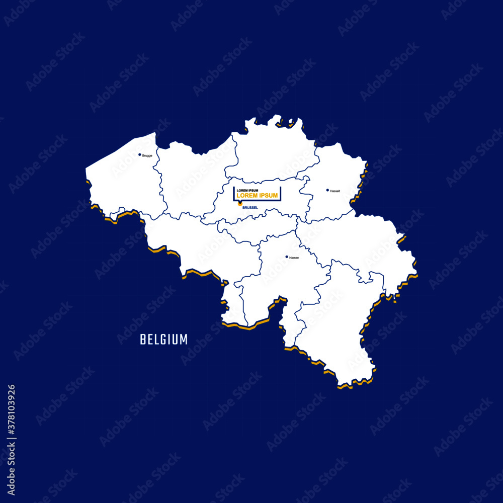 Fototapeta premium Vector map of Belgium with border, cities and capital Brussel. Each city has separately for your design. Vector Illustration