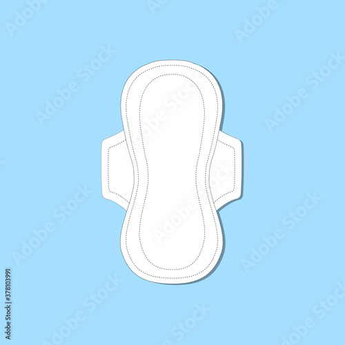 Hand drawn vector illustration of white women's sanitary pad with wings on blue background. Female hygiene health body care concept. Biodegradable nature friendly materials zero waste