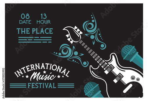 international music festival poster with electric guitar and microphones