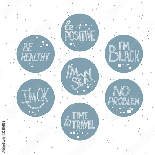 A set of positive stickers or highlights for instagram and social networks. The inscriptions are written by hand. The set contains seven pieces.