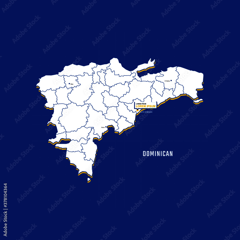 Vector map of Dominican with border, cities and capital Santo Domingo. Each city has separately for your design. Vector Illustration