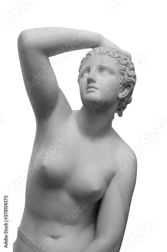White marble sculpture head of young woman. Statue of sensual renaissance art era naked woman in circlet antique style isolated on white background
