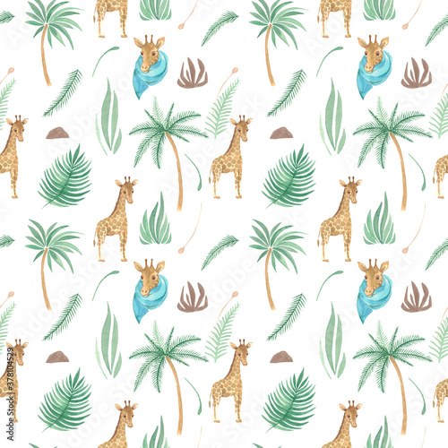 Seamless pattern of Safari animal and palm trees plants Watercolor illustration children's design Wallpaper fabric paper pack