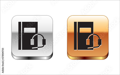 Black Audio book icon isolated on white background. Book with headphones. Audio guide sign. Online learning concept. Silver-gold square button. Vector Illustration.