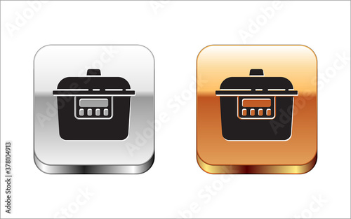 Black Slow cooker icon isolated on white background. Electric pan. Silver-gold square button. Vector.