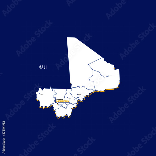Vector map of Mali with border, cities and capital Bamako. Each city has separately for your design. Vector Illustration