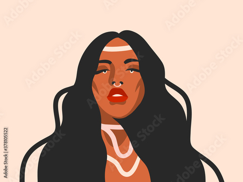 Hand drawn vector abstract stock flat graphic illustration with ethnic tribal black beautiful witchcraft fashion,contemporary woman avatar in simple style ,isolated on white background