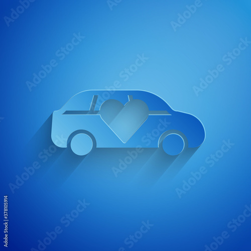 Paper cut Luxury limousine car icon isolated on blue background. For world premiere celebrities and guests poster. Paper art style. Vector.