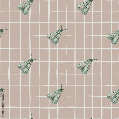 Pale green folk moles seamless doodle pattern. Hand drawn insect silhouettes on beige chequered background.
