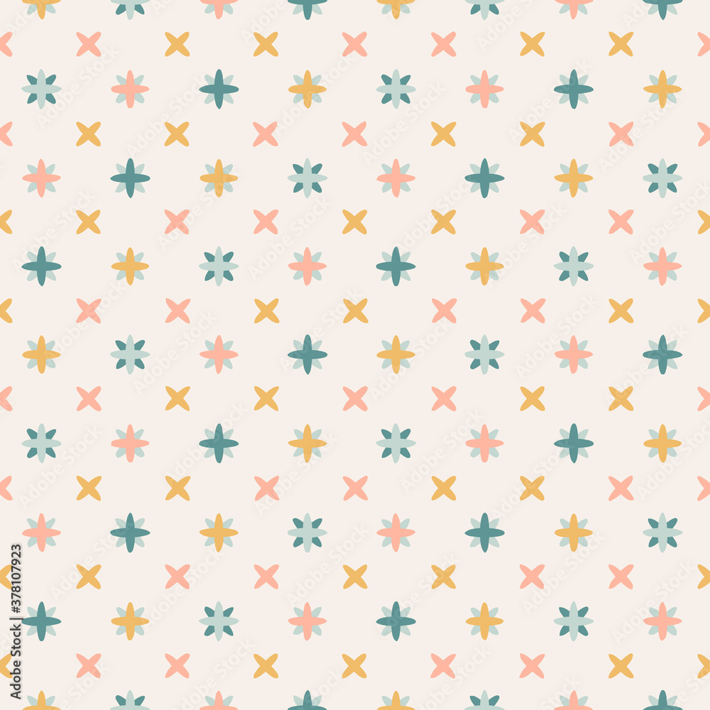 Neutral pastel pattern design in shades of yellow, blue and pink on off-white background. Little colorful stars seamless vector pattern.