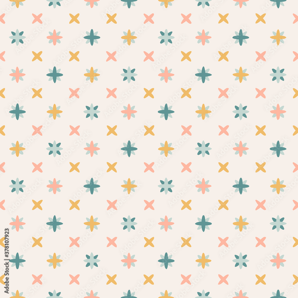 Neutral pastel pattern design in shades of yellow, blue and pink on off-white background. Little colorful stars seamless vector pattern. Neutral pastel pattern design in shades of yellow, blue and pink on off-white background. Little colorful stars seamless vector pattern.