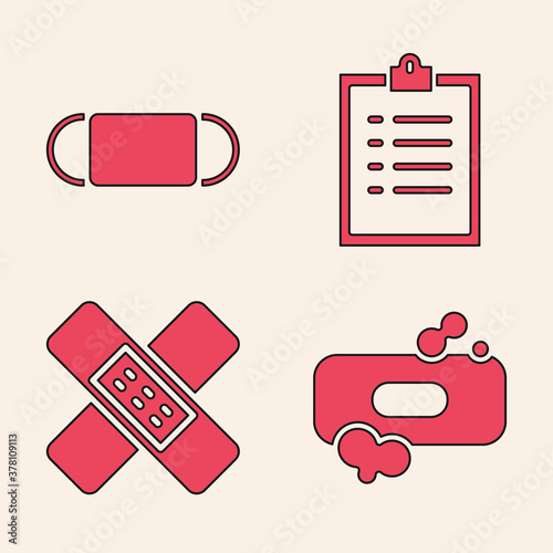 Set Bar of soap, Medical protective mask, Clipboard with checklist and Crossed bandage plaster icon. Vector.