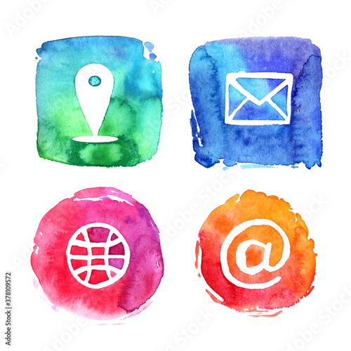 Icons pictogram phone social call letter e-mail messenger blot stain multicolored set watercolor paint
