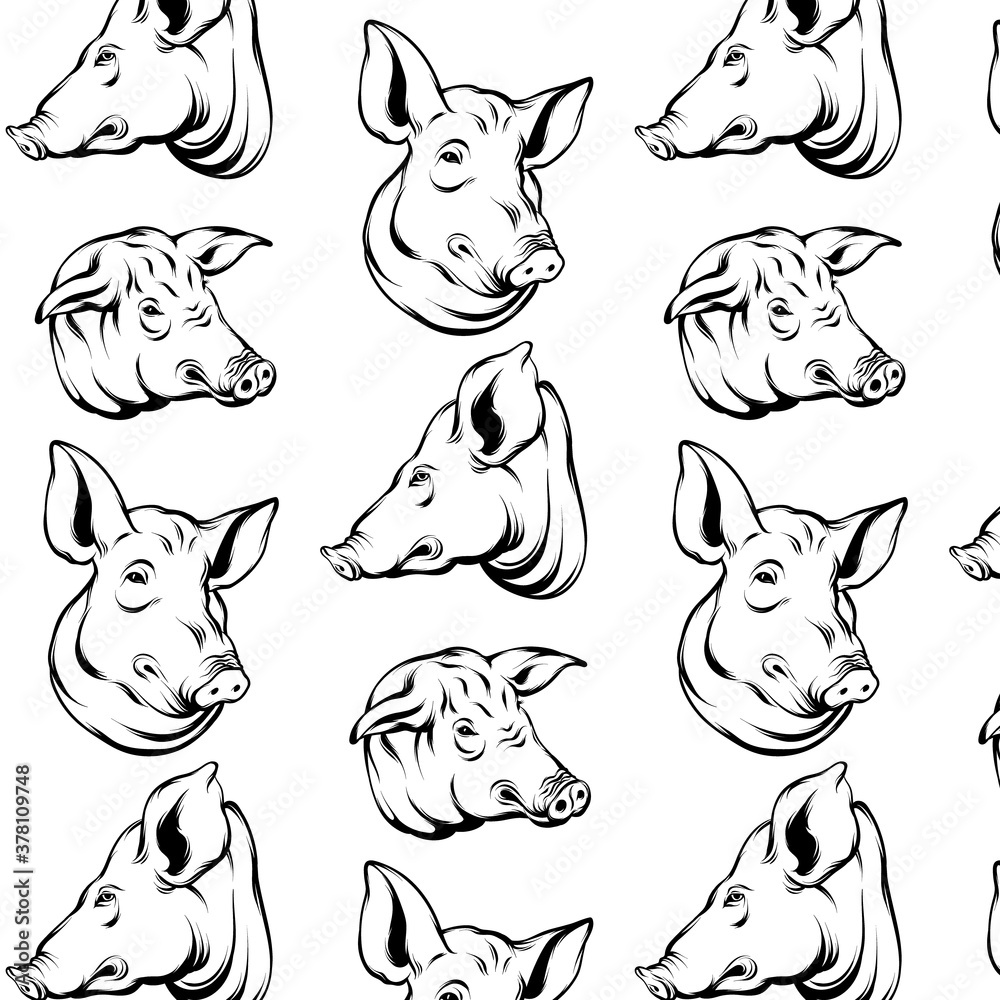 Vector hand drawn illustration of pig's head. Tattoo artwork. Template for card, poster, banner, print for t-shirt, pin, badge, patch. Vector hand drawn illustration of pig's head. Tattoo artwork. Template for card, poster, banner, print for t-shirt, pin, badge, patch.