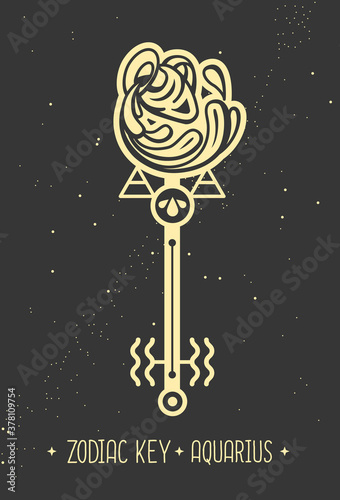 Modern magic witchcraft card with astrology Aquarius zodiac sign. Magic key silhouette