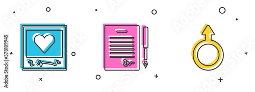 Set Photo frames and hearts, Marriage contract and Male gender symbol icon. Vector.