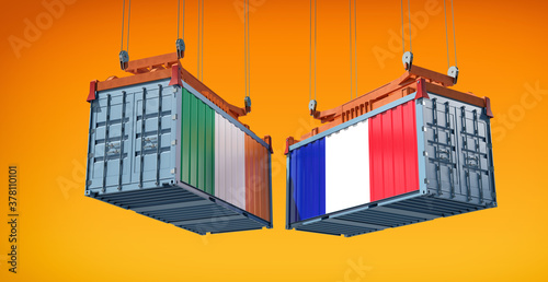 Shipping containers with Ireland and France national flags. 3D Rendering 