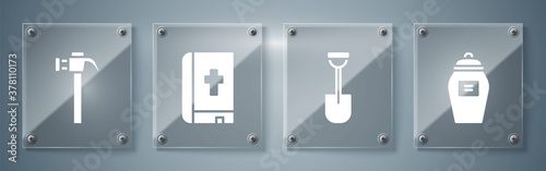 Set Funeral urn, Shovel, Holy bible book and Hammer. Square glass panels. Vector.