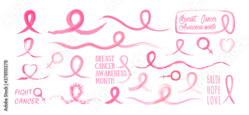 Big set of Breast Cancer Awareness pink ribbon isolated on white background, ribbons painted with watercolor brush. Symbol of breast cancer awareness month in october.