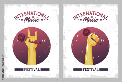 international music festival poster with hands lifting microphones frames
