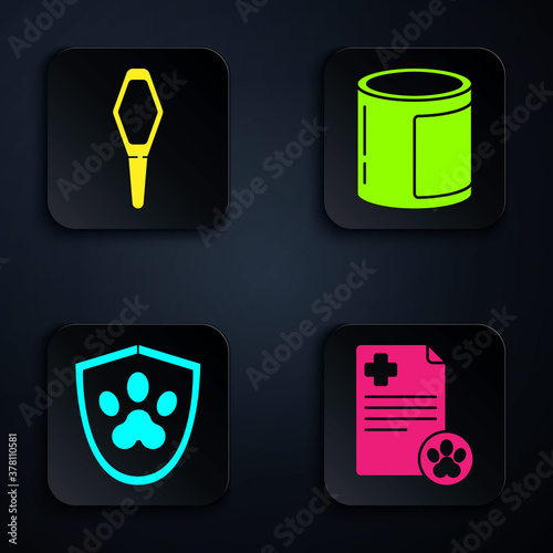 Set Clipboard with medical clinical record pet, Pets vial medical, Animal health insurance and Canned food. Black square button. Vector.