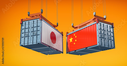 Shipping containers with Japan and Turkey national flags. 3D Rendering 