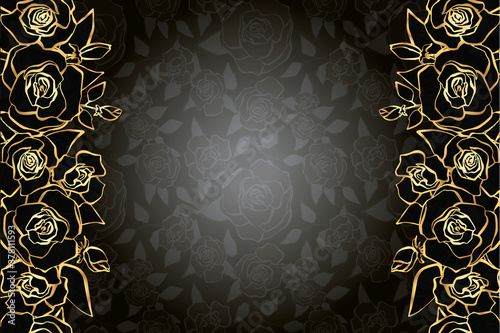 Seamless golden roses page edge decoration. Gold flowers on a dark background.