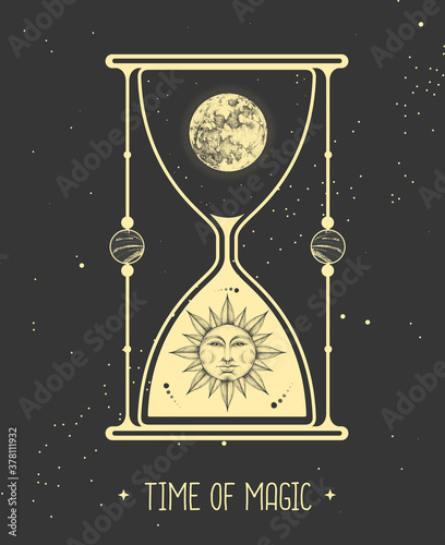 Modern magic witchcraft card with astrology hourglass with sun and moon inside. Day and nignt. Realistic hand drawing illustration of sun with human face